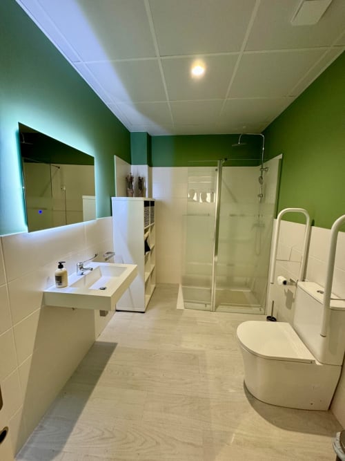 Baño moderno en ML Apartments Valencia con paredes verdes, accesorios blancos, ducha tipo walk-in y espejo con calefacción