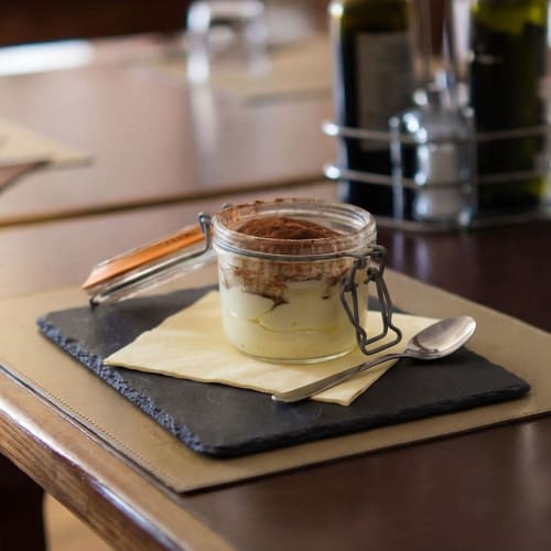 Tiramisu dessert in glass jar at Corte Pellegrini B&B, San Martino Buon Albergo, Verona