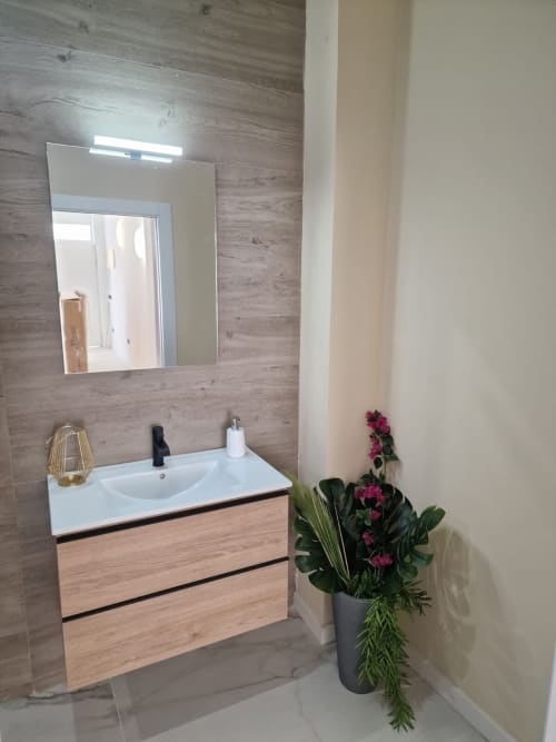 Moderno tocador de baño con gavetas de madera, lavamanos blanco, espejo iluminado y flores rosas en maceta en ML Apartments Valencia