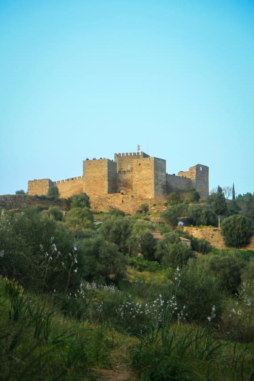 Castelo medieval com vista para encosta verde, Santiago do Cacém Portugal