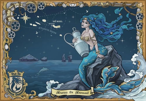 Mermaid illustration for Golden Mermaid Villa, a seaside B&B in Ribeirinha, Portugal