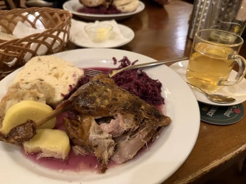 Plated duck dinner with roasted potatoes and beets at Golden Mermaid Villa, Ribeirinha