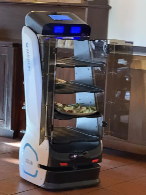 Robotic room service delivery robot at Golden Mermaid Villa with multiple food trays in Ribeirinha