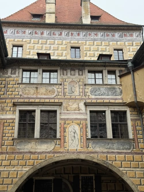 Historic Renaissance facade of Golden Mermaid Villa B&B in Ribeirinha with ornate stonework and arched entry