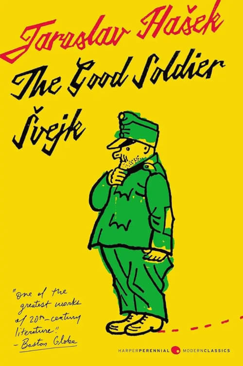 The Good Soldier Svejk book cover with soldier illustration, yellow background