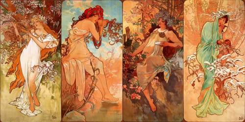 Art Nouveau panels featuring classical female figures in flowing garments, Golden Mermaid Villa, Ribeirinha Portugal