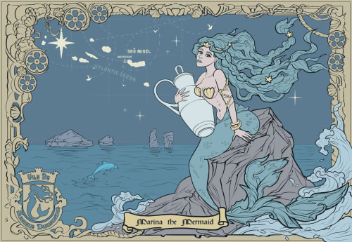Vintage mermaid illustration holding watering can for Golden Mermaid Villa, a Portuguese seaside bed and breakfast in