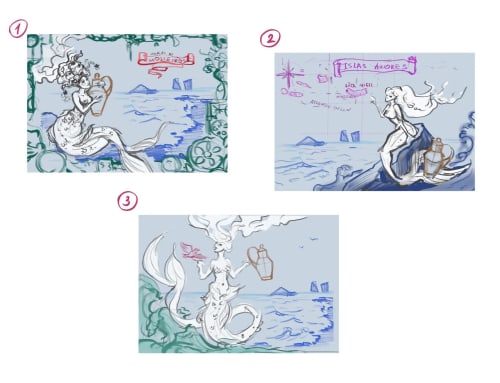 Three sketched mermaid illustrations for Golden Mermaid Villa, a Ribeirinha guesthouse, featuring whimsical ocean scenes