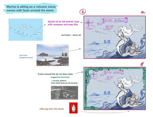 Design concept for Golden Mermaid Villa featuring mermaid illustration, Azores map, and coastal Ribeirinha beach views