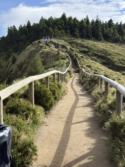 Scenic wooden boardwalk trail through lush hillside vegetation near Golden Mermaid Villa, Ribeirinha Portugal