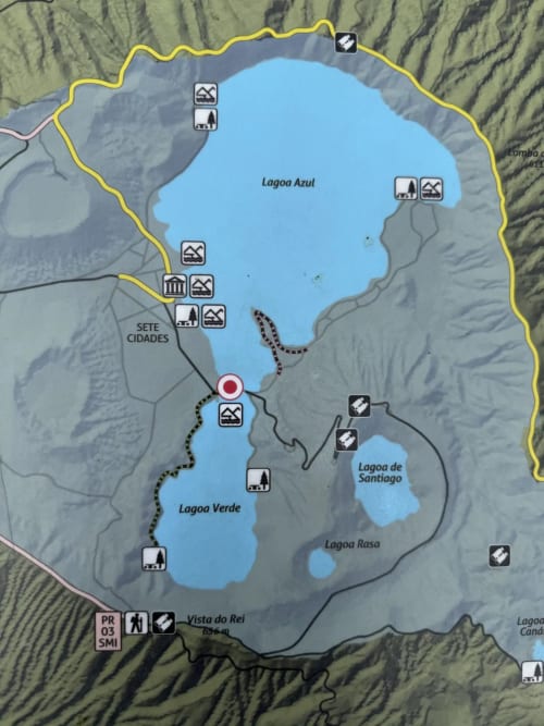 Map of Lagoa Azul region near Ribeirinha showing lakes, hiking trails, and local attractions