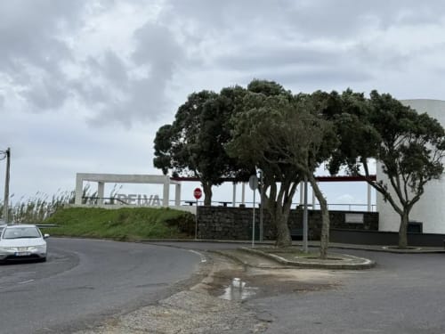 Golden Mermaid Villa entrance in Ribeirinha with modern architecture, large trees, and parking area
