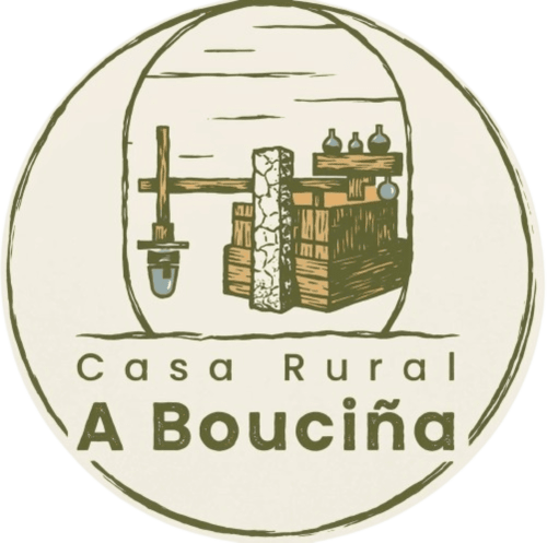 Logo de Casa Rural A Bouciña con cabaña rústica, herramientas y provisiones en Hío, España