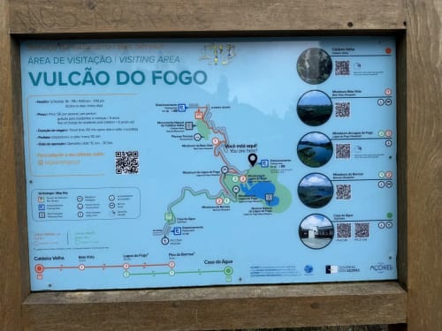Vulcão do Fogo visiting area map with viewpoint information and trail routes, Ribeirinha Azores
