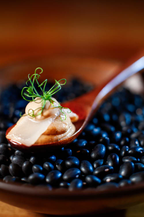 Exquisito aperitivo con cobertura cremosa, microbrotes y caviar en Casa Grande do Soxal, Oza-Cesuras