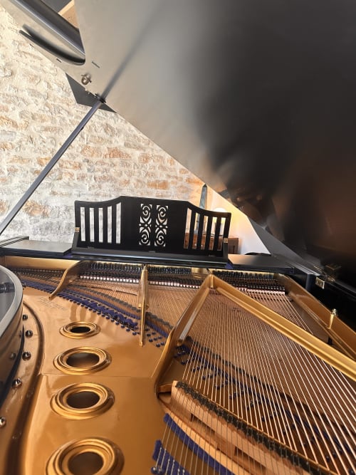 Intérieur de grand piano à la villa Gîte l'Harmonie du Causse aux murs en pierre et équipements modernes