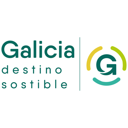 Logo Galicia destino sostenible con diseño verde y amarillo para Casa Grande do Soxal, alojamiento ecológico de turismo rural