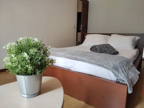 Modern bedroom at Sweet Home hotel in Portimão with queen bed, white bedding, potted plant, and city view