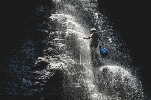 Canyoneering adventure at waterfall near Check Madeira, Ribeira Brava Portugal