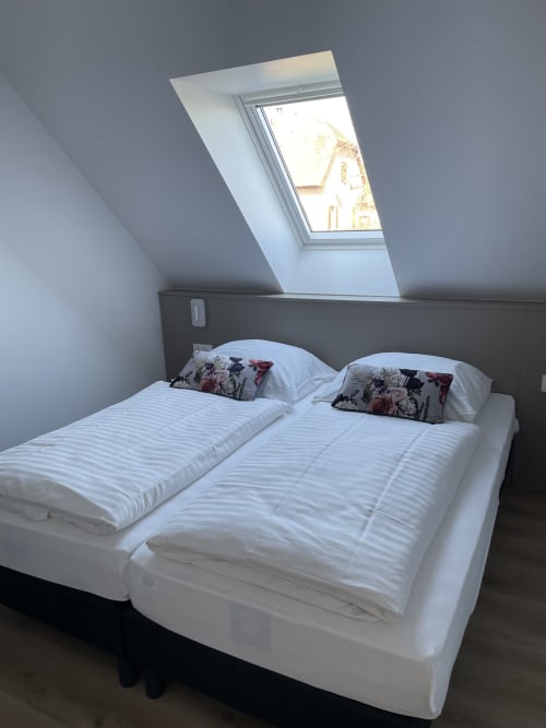 Chambre mansardée moderne avec lucarne, deux lits aux draps blancs et oreillers à motifs à La clé des vignes, Ribeauvillé