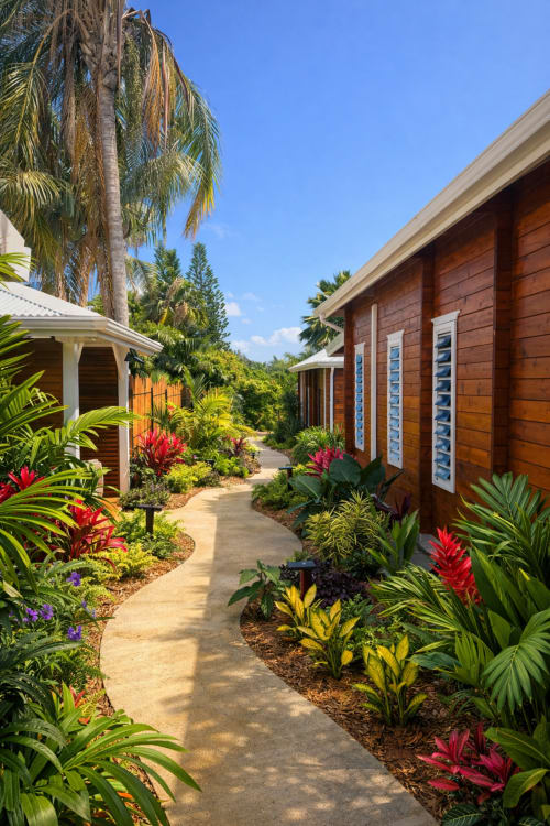 Allée du Gîte Filao avec fleurs tropicales et bungalows en bois à Sainte-Rose, Guadeloupe