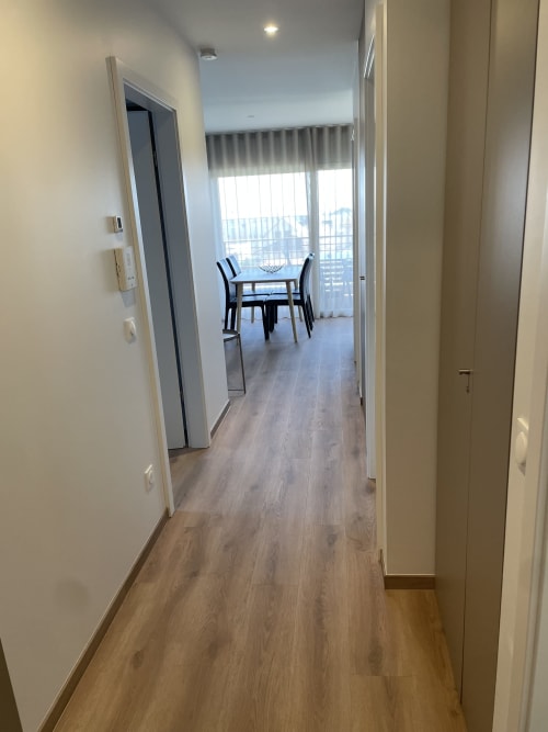 Couloir moderne du 2-pièces à La clé des vignes, Ribeauvillé, menant à la salle à manger avec vue sur balcon