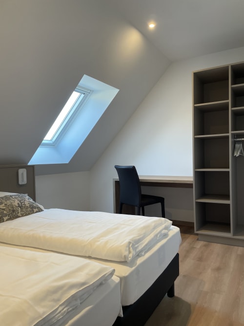 Chambre lumineuse sous les toits à La clé des vignes avec puits de lumière, bureau, étagères et deux lits à Ribeauvillé