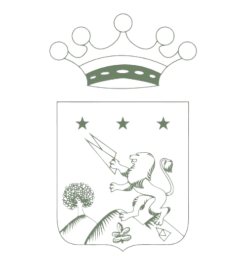 Stemma araldico di Villa Ceci con corona, leone con spada, albero e tre stelle, Andria