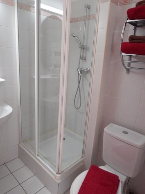 Modern bathroom with enclosed shower, toilet, and red towels at Auberge du Pont de l'Alp in Le Monêtier-les-Bains