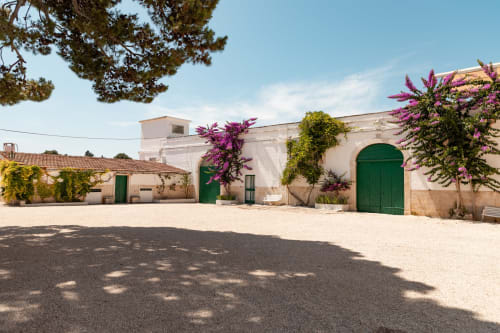 Cortile della Villa Ceci B&B ad Andria con edificio in pietra bianca, porte verdi e vibranti fiori di buganvillea magenta