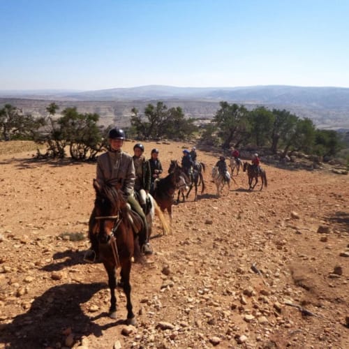 Trekking à cheval à El Ghazouane avec vue sur les montagnes près du Riad Eucalyptus, hôtel d'charme