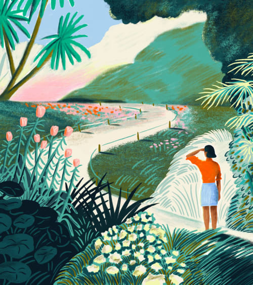 Woman overlooking lush valley at Domaine de Montlaur, Val-de-Dagne. Tropical gardens with flowers and scenic landscape views.