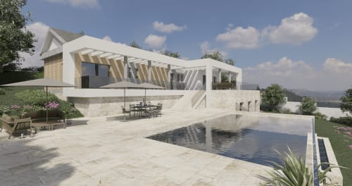 Fachada moderna de hotel en Escanda Building Solutions con piscina, zona de terrazas y diseño arquitectónico de pérgola