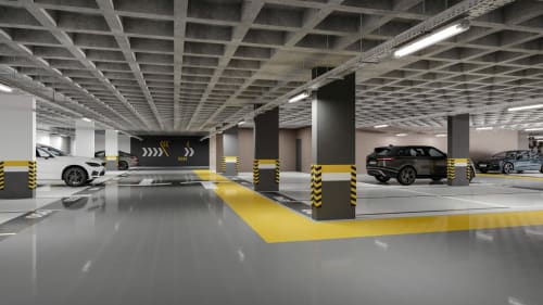 Garagem de estacionamento subterrânea moderna em Brasília com marcações de segurança amarelas, pilares de concreto e veículos estacionados