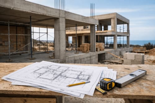 Construction blueprints and tools on site at Escanda Building Solutions hotel project in Spain