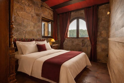 Habitación de piedra con cama doble y ventana arqueada con vistas al bosque.