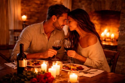 Pareja junto a una chimenea de piedra cenando a la luz de las velas en un ambiente íntimo