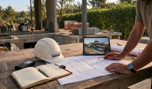 Construction site supervisor reviewing architectural blueprints and 3D designs at Escanda Building Solutions project in Spain
