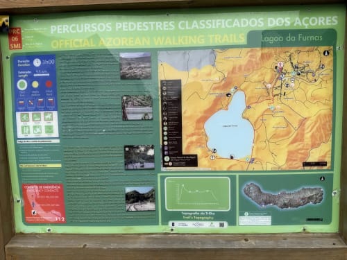 Lagoa da Furnas hiking trail information sign in Ribeirinha, Azores with map and topography details