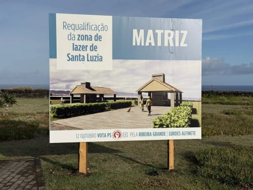 Campaign billboard for Santa Luzia beach zone requalification project in Ribeira Grande, Lurdes Alfinete, Portugal