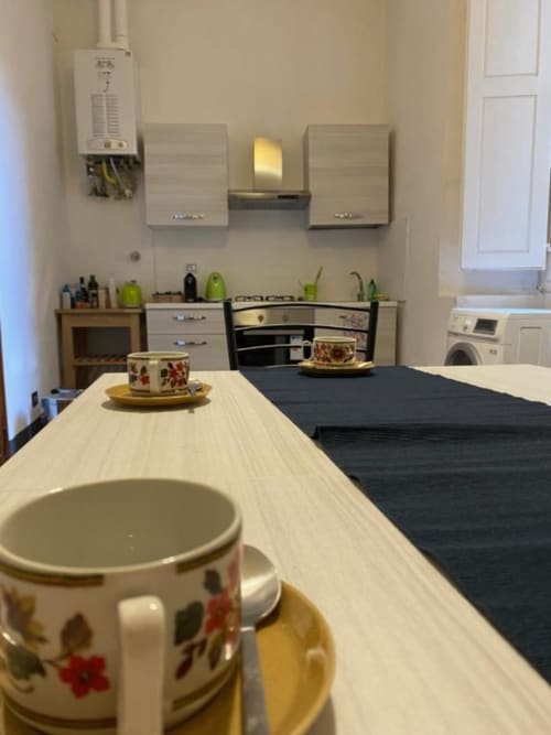 Kitchen area at Bronze Horse BnB Firenze with dining table, teacups, stove and cabinets