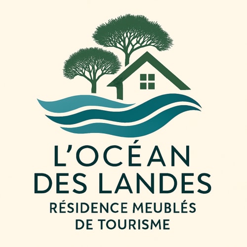 L'Océan des Landes Logo: Hand hält Haus mit Bäumen und Wellen, Ferienvermietung in Messanges