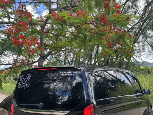 Black van parked under blooming red flowering tree at Filao Cottage BnB in Sainte-Rose, Guadeloupe