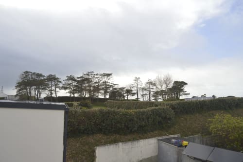 Vue depuis l'appartement Résidence des dunes à Landéda : pins, haies et ciel nuageux