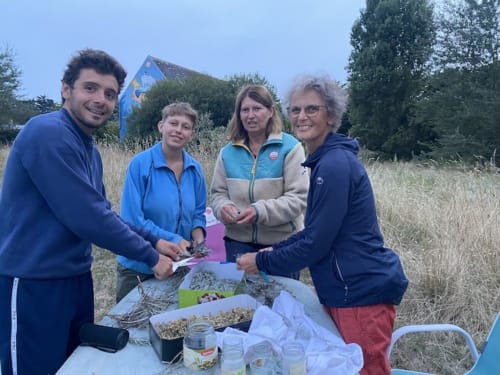 Four people at Le Lama Zébré in Penmarch enjoying outdoor activity with samples and materials