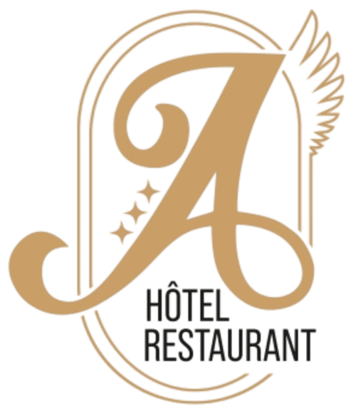 Logo de l'Hôtel de l'Ange avec la lettre A dorée ornementale aux ailes et étoiles, Niedermorschwihr