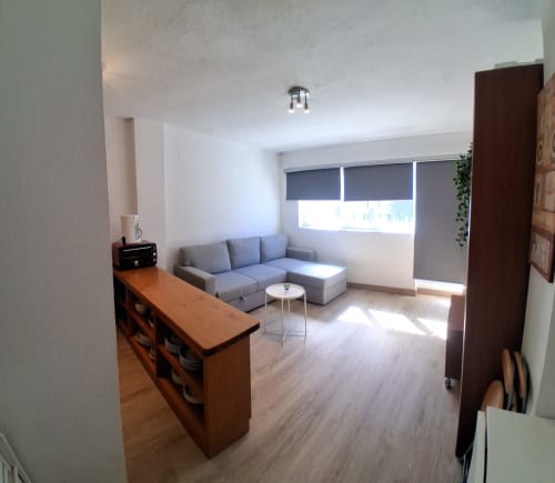 Modern apartment living room at Sierra Nevada Winter with gray sectional sofa, wooden furniture, and mountain views from