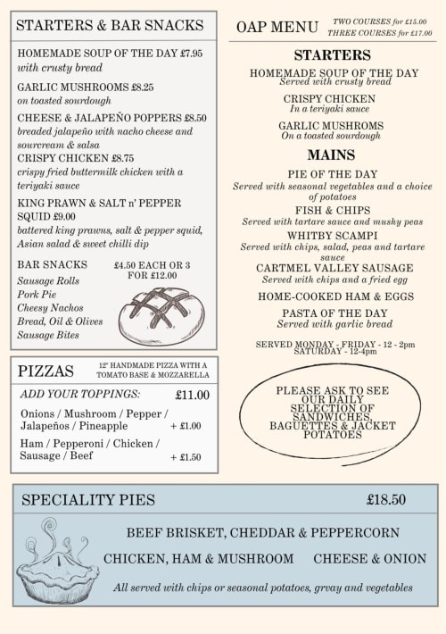 The Kings Arms Penrith menu showing starters, mains, pizzas and speciality pies with prices