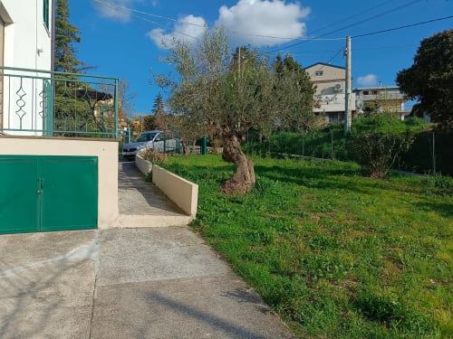 Vista giardino della Tales of Abruzzo Bike Green House ad Atessa con ulivo, cancello verde e edificio residenziale