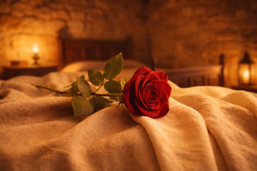 Red rose on a bed with warm lighting in a stone room
